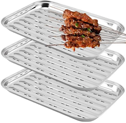 GOMETY Lot de 3 bols de barbecue, en acier inoxydable, 34,5 x 24,2 x 2,7 cm, réutilisables, panier à légumes, panier à légumes, poisson ou viande, pour barbecue à gaz, électrique et au charbon de