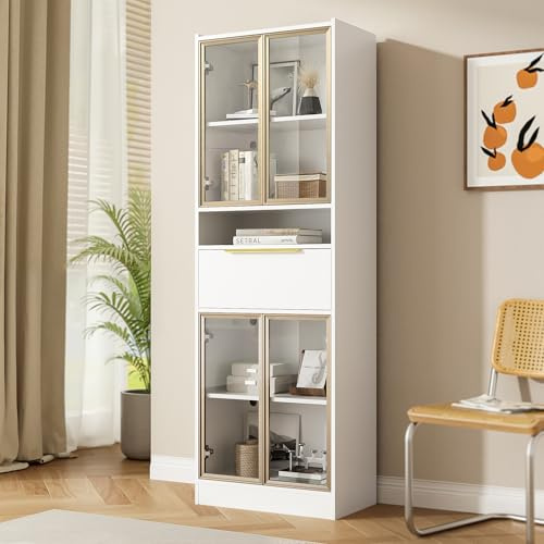 Moderno armario alto blanco, con LED de 16 colores, 60 × 35 × 180 cm, vitrina con cristal frontal y cajón, espacio de almacenamiento e iluminación para salón, MDF y cristal de seguridad