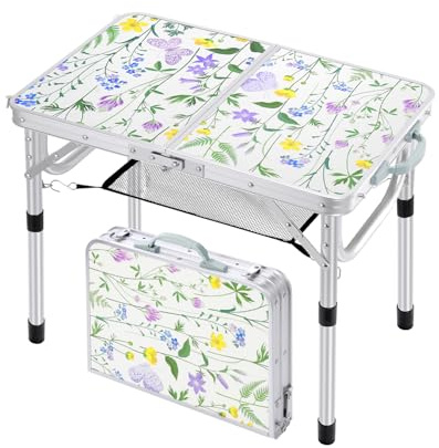 Sportneer Tavolino da Campeggio Pieghevole, Regolabile in Altezza, 60×40 cm, Portatile con Ripiano in Rete, 2 Altezze, Tavolo da Esterno per Picnic e Spiaggia, Bianco