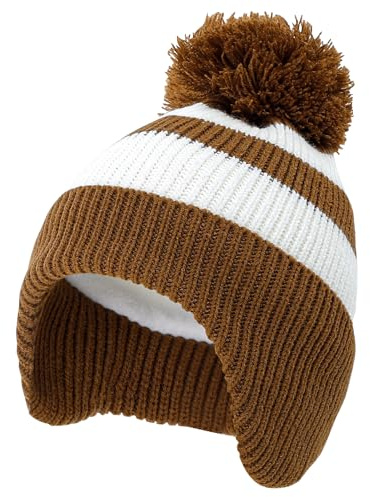 LACOFIA Baby pojkar flickor vintermössa och krage halsduk set stickad småbarn öronflikar mössa barn varm fleece foder hatt med pompom 6 månader – 4 år, A-brun, 6-12 Månader