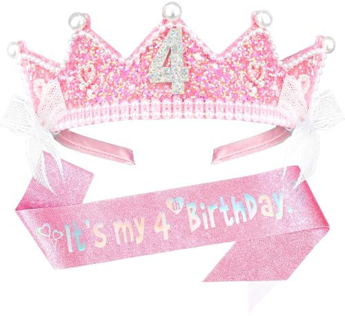 CAVETEE 4th Birthday Crown and Sash, Pink Glitter Princess Tiara, It's My 4th Birthday Sash for Party Decorations