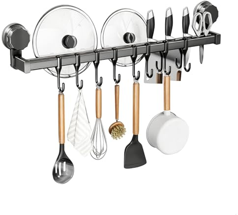 Barre Ustensiles Ventouse, Porte Ustensiles Cuisine Mural à Double Rail, 40 cm Barre Ustensiles Cuisine Murale pour Couvercles, Barre à Crochets Cuisine pour Cuisine et Salle de Bain, Gris Foncé