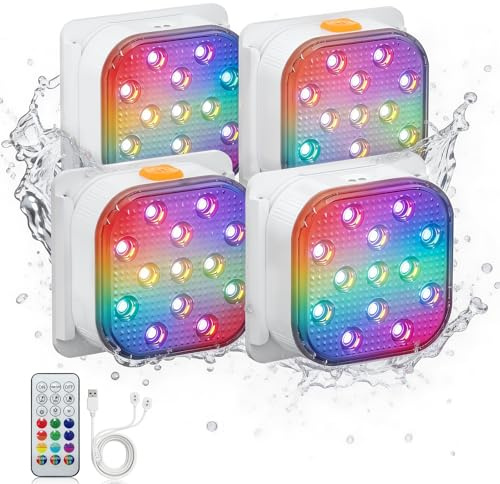 SoulBay Luce Piscina Subacquea 4 pezzi, LED Lampada Piscina Magnetica Ricaricabile Impermeabile Telecomando 16 Colori 6 Modalità RGB, Spot Piscina Decorazioni per Piscina, Spa, Bagno, Acquario e