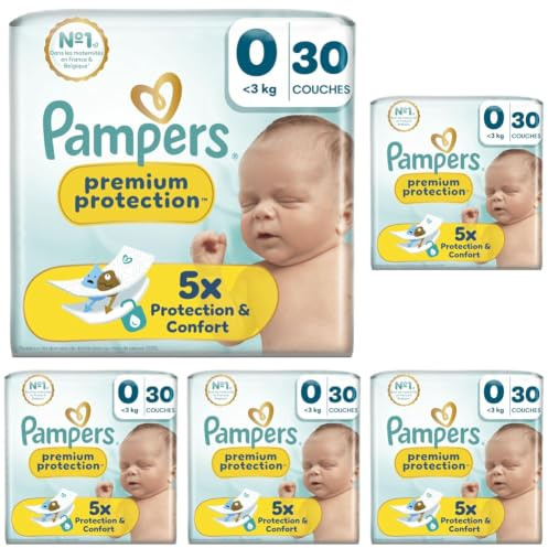 Pampers Premium Protection Taille 0, 30 Langes, 3kg, Notre N°1 Pour La Protection De La Peau Et Contre Les Fuites (Lot de 5)