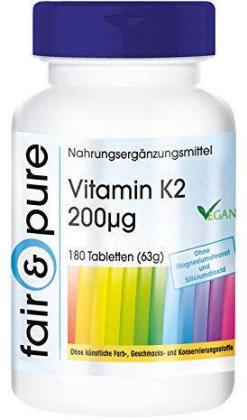 Fair & Pure Vitamin K2 200µg, 180 Tabletten, Menaquinon MK-7, Nahrungsergänzungsmittel vegan ohne Magnesiumstearat, in Deutschland hergestellt