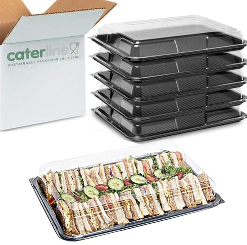 Caterline 5 x Large (450mm x 310mm x 75mm) Black Catering Platters & Clear Lids/Reusable Plastic Serving Trays/eco-Friendly Sandwich Packaging/Party Platters