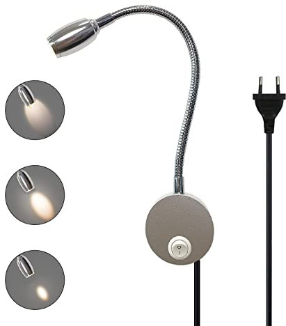 Leselampe Bett Wandmontage Einstellbarer Fokus Flexible Schwanenhals Wandleuchte LED Wand Leseleuchte mit Stecker und Schalter, 3W Bettleuchte aus Aluminium für Schlafzimmer, Bett, 3000K (Silber-)