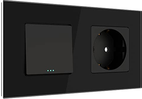 PULSAR Steckdose mit Lichtschalter Unterputz Schwarz Glas, Kombination 2-Fach aus Schalter und Schuko-Steckdose 16A mit 4mm Glasrahmen