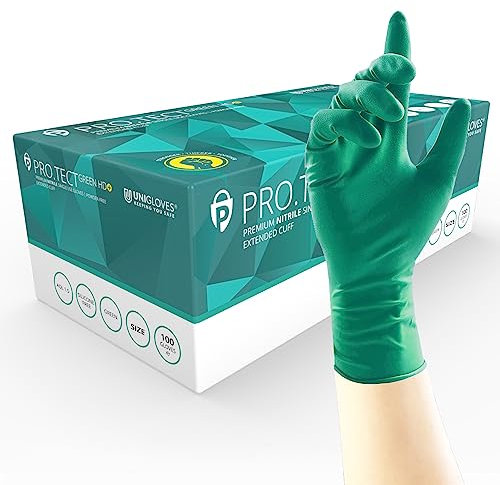 UNIGLOVES PRO.TECT Green HD+ Gants jetables en nitrile avec manchette allongée - Ultra résistants, usage unique, multi-usages, sans poudre, boîte de 100 gants, vert, taille S (GA0092).