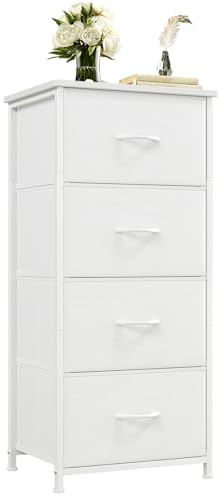 Somdot Chest of Drawers for Bedroom with 4 Fabric Drawers, Bedside Storage Cabinet for Kids Dorm Living Room Closet Wardrobe Laundry Entryway Hallway, White Leather