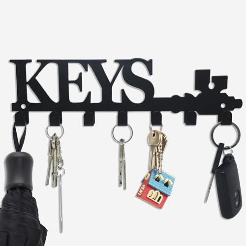 JJ PRIME Black Key Hooks Organizer, Wall-Mounted, 7 Hooks, Ideal for Hallway, Office, Entryway