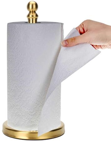 Paper Towel Holder Countertop, Standing Paper Towel Roll Holder for Kitchen Bathroom, with Weighted Base for One-Handed Operation (Gold)