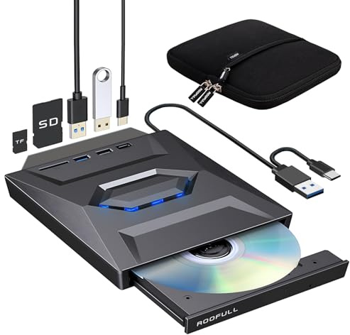 ROOFULL External CD DVD Drive with USB 3.0 Type-C Ports + SD Card Slot + Carrying Case for Laptop PC, CD DVD +/-RW Reader Writer Burner Player ROM Optical Disk Drive for Windows, Mac, Linux Computers