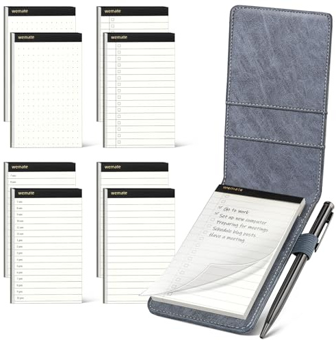 WEMATE Lot de 10 petits supports de bloc-notes de poche – Comprend un mini bloc-notes de poche avec 8 recharges de livre mémo et un stylo en métal pour réunions, dossiers quotidiens et notes 7,6 x