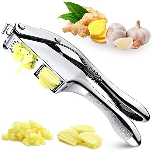 KOUISYY 2-in-1 Garlic Press Stainless Steel Garlic Slicer, Silver Garlic Mincer Handheld Garlic Crusher, Easy to Clean and Squeeze Garlic Masher, Dishwasher Safe