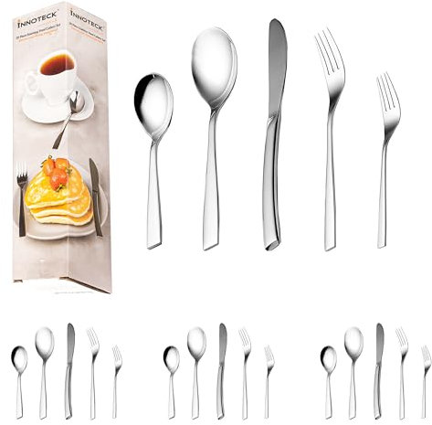 Innoteck Essentials 20pcs Cutlery Set - Silver - Stainless Steel - 4 X Dinner Forks, 4 X Dinner Spoons, 4 X Dinner Knives, 4 Cake Forks, and 4 Teaspoons - Tableware Set for 4 Person - Dishwasher Safe