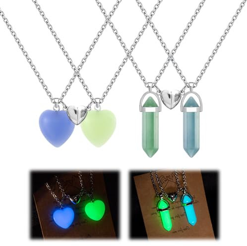 Wekuw Bergkristall Anhänger, 4 Stück Kristall Edelstein Kette Sechskant Herz Quarzkristall Anhänger Halskette Leuchtende Freundschaftskette Magnetisch Pärchen Kette Matching Necklace