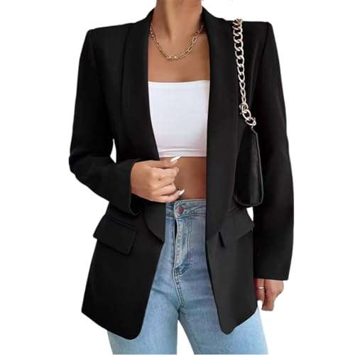 Gerrit Women's Suit Sporty Elegant with Pockets Lapels Suit Jacket Open Front Cardigan Plain Slim Business Long Sleeve Office Jacket Chic Blazer for Wedding (Color : Black, Size : S)