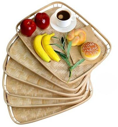 PEMAR Set of 6 Bamboo Wicker Serving Trays for Foods and Drinks, Rectangular Lap Trays for Breakfast. Decorative Bamboo Wood Basket Platters for Coffee Table, Picnic, Bed Eating
