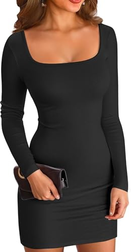 ELFIN Mini Robe côtelée à Manches Longues pour Femme Col carré Sexy pour fête Club Coupe ajustée Noir, S