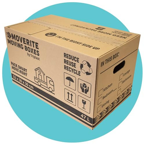 MoveRite Large Strong Cardboard Moving Boxes – Pack of 20 (47 litres 52cm x 30cm x 30cm) Removal Boxes for Moving House – Packing & Storage Cartons with Carry Handles by Triplast