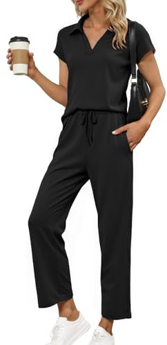 Glamaker Tenue d'été 2 pièces pour femme - Ensemble polo à manches courtes et pantalon - Tenue de voyage assortie 2025, noir, Medium