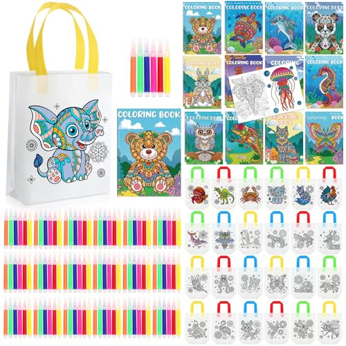 Pasimy 72 Pcs Mandala Animals Coloring Set Include 24 Mandala Animal Coloring Books 24 Color Your Own Gift Bags 24 Sets Markers for Kids DIY Painting Art Birthday Party Favor Classroom Activity Craft