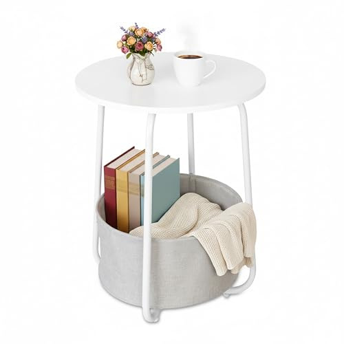 Relaxdays Tavolino da Salotto con Cestino Integrato, Tavolo da caffè da Divano, Comodino Rotondo, HxD 50x40 cm, Bianco