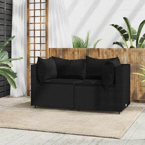 Canapé d'Angle Jardin, 2 Pièces en Rotin Synthétique Noir, Structure Acier Résistante, Design Modulaire avec Coussins Épais, Canapé Exterieur Terrasse, Banquette Exterieur,Noir, 63x63x57.5 cm