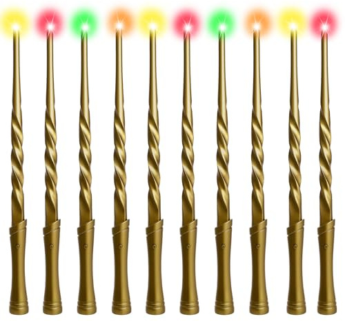 CharmFields Light Up Magic Wizard Wands with Sounds & Color Lights – 10PCS Illuminating Witch Wand Sorcerer Cosplay Accessories and Birthday Party Favor Toy Set for Kids Halloween Events, Golden