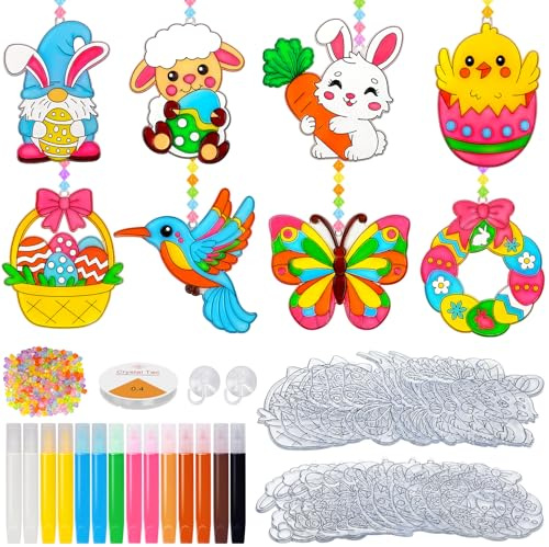 Huevos de Pascua para Pintar, 24 Piezas Manualidades Kit de Pascua y Primavera para Colgar, Mariposas Pájaros Pollos Colgantes para Niños, Decoración de Ventanas con Atrapasol, Creativos Regalo Pascua