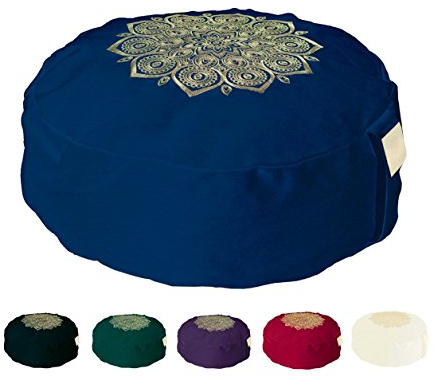 Om Vita Zafu Yoga Meditation Cushion with Washable Cover with 100% Organic Buckwheat Fill and Hand Designed Mandala Applique (Navy Stitched)