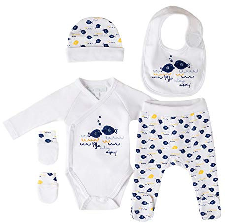 AMOMÍ Caja Regalo Set Primera Puesta Recién Nacido 5 Piezas Conjunto de Ropa para Recien Nacido Set Unisex Algodón 100% Talla Unica (Delfin Marino, 1 Meses)