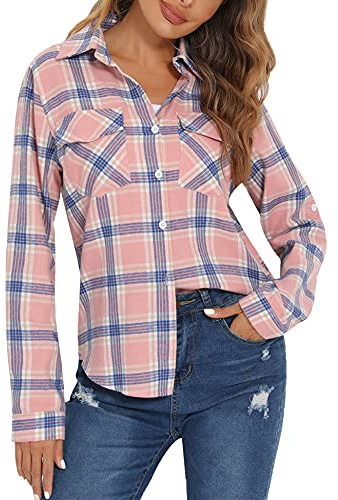 Enjoyoself Damen Karohemd 100% Baumwolle Holzfäller Langarm Button-down Flanellhemd Boyfriend Karierte Bluse für Herbst Hellrosa,M