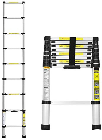Lospitch Escalera telescópica plegable de aluminio de 2,6 m, multiusos, con mecanismo de bloqueo con muelle, capacidad de carga de 150 kg, para trabajos del hogar, tejado, jardín