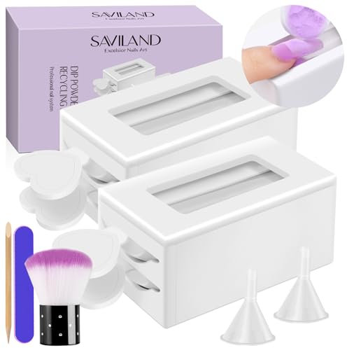 Saviland 7 PCS Dipping Powder Recycling Tray System with Powder Container Nail Dust Brush for Nail Art, Dip Nails Tools