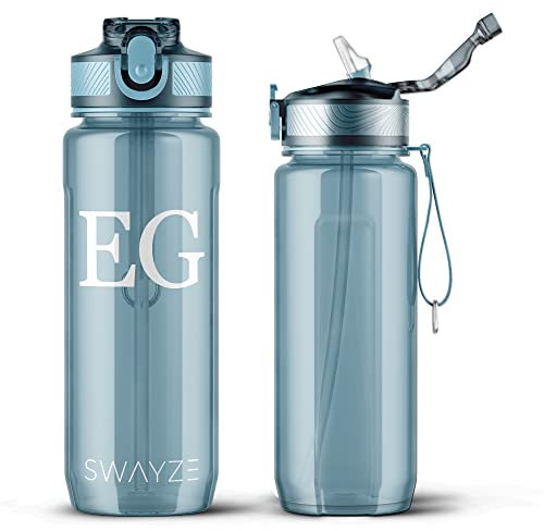 Custom Initials Personalised Water Bottle with Straw 800ml Water Bottle, BPA Free Leakproof Lockable Flip Lid Drink Bottle Sports Gym School Him Her Gift (Blue - Personalised)