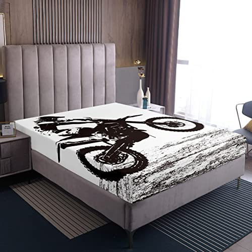 Loussiesd Dreckiges Fahrrad Moto Cross Spannbetttuch 90x200cm Weiß schwarz Motorrad Bettlaken Extremsport Thema Spannbettlaken für Schlafzimmer Dekor Motorrad Fahrrad Dekorativ