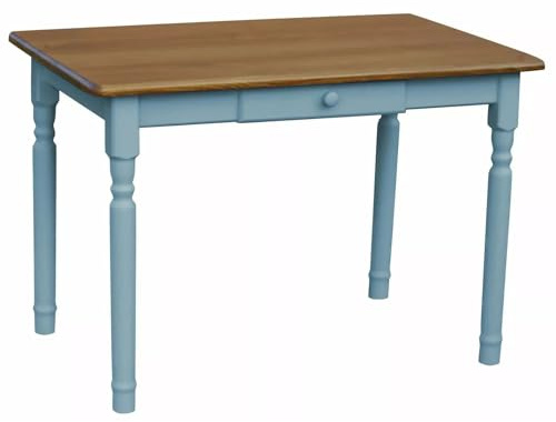 k koma Esstisch aus Kiefer Massivholz im Landhausstil – Tisch mit Schublade, Beine Blau, Tischplatte Eichefarben (70 x 90)
