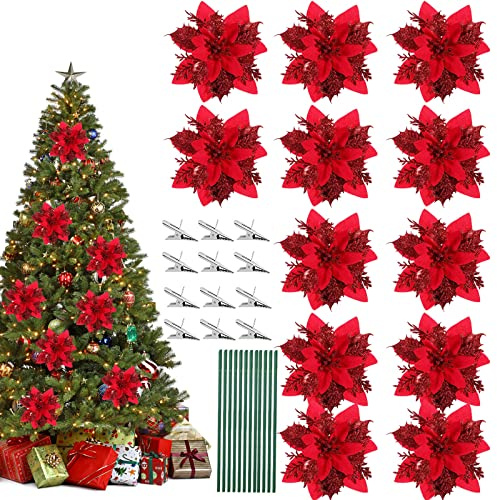 JOKILY 12 stycken glittriga julstjärnor, konstgjorda blommor, dekorativa blommor, julgransblommor, mönster, ornament med 12 metallklämmor och skaft (röd 12)