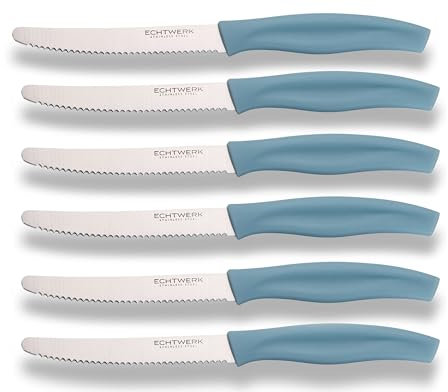 ECHTWERK Coltello da pane, pratico coltello da colazione in 6 pezzi, acciaio inox con bordo seghettato, adatto per panini e baguette, manico ergonomico in plastica, colore blu chiaro