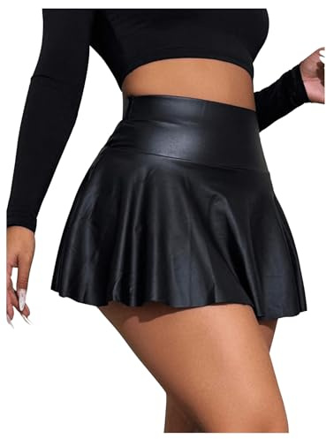GORGLITTER Mini-jupe pour femme - Taille élastique - En cuir synthétique - Avec ourlet à volants, Noir , XS