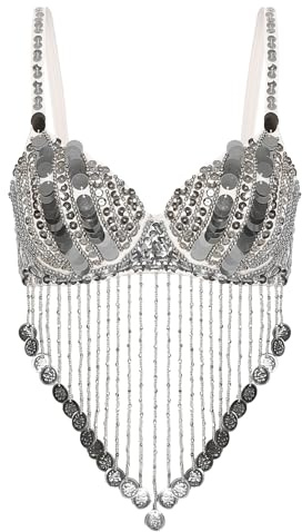 Rswnyirn Tenue de Danse Orientale Femme Haut Danse du Ventre Brillant Costume Performance Dancewear Argenté Taille Unique