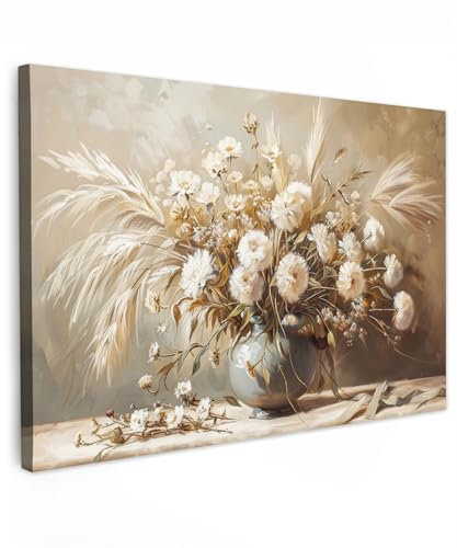 MuchoWow© Impressions sur Toile 120x80 cm Deco Tableau Murale Decoration Salon Peinture Tableaux Chambre Toiles Maison Fleurs - Vase - Nature morte - Beige