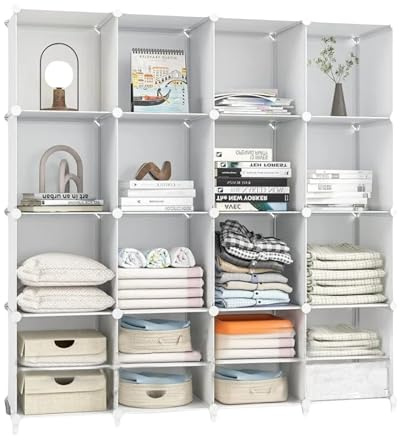 Scaffale Modulare con 16 Scomparti, Scaffali Modulare in Plastica, Scaffale con Moduli, Cubo Portaoggetti, Libreria in Plastica, per Scarpe, Vestiti, Libri, Montaggio Facile, Armadio, Bianco.