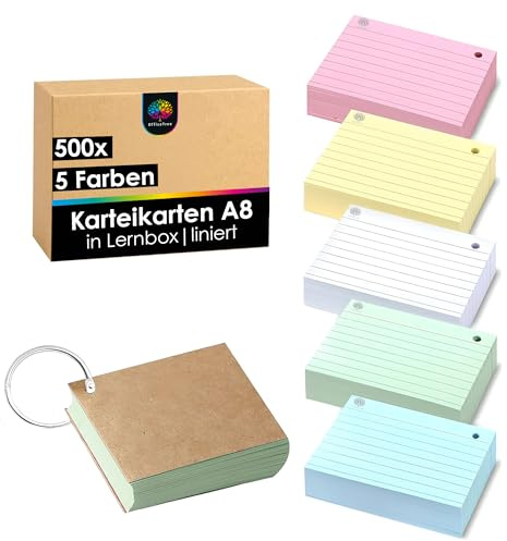 OfficeTree 500x Lernkarten A8 5 Farben - Karteikarten mit Ring und Aufbewahrungsbox - Vokabel Karteikarten A8 liniert - Lernkarteikarten für Prüfungen & Notizen - Vokabelkarten A8 - Flashcards