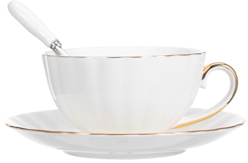Genérico 1 Juego Juego De Tazas De Cafe Taza De Té y Platillo De Porcelana China Llevar Oro Granos De Café Taza De Te Tazas De Café Con Leche Cuchara Porcelana white y Translúcida