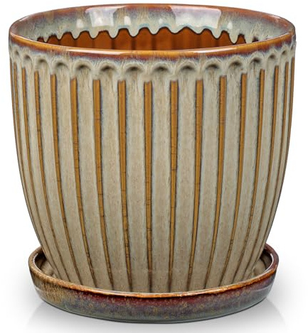 Oairse Maceta de cerámica acanalada, macetas con almohadillas de drenaje para plantas de interior, decoración retro para juegos de contenedores de jardín al aire libre, diámetro de apertura 20 cm