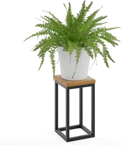 LAMO Manufaktur Blumenständer Metall Schwarz | Pflanzenständer Holz mit Rustikal Farbe | Blumenhocker klein 30 cm für große Zimmerpflanzen | 100% Echtholz | Sockel für Skulpturen