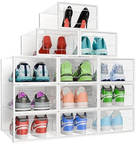 CM HOME 12 Cajas Zapatos Transparentes Apilables con Apertura Frontal y Antivuelco, Organizador de Zapatos Plástico hasta Talla 45 EU, Blanco (BLANCO, 12 UNIDADES)